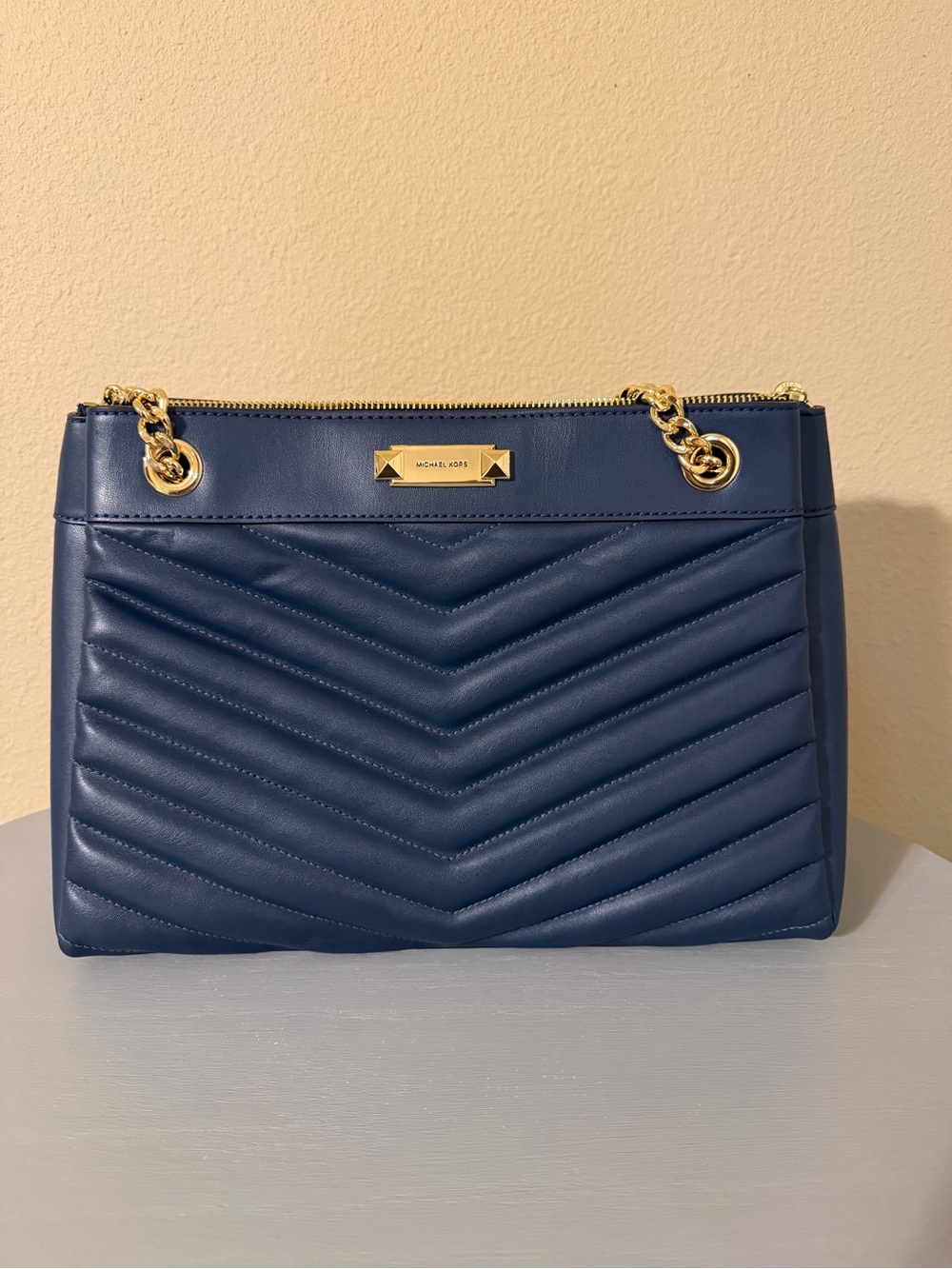 Michael Kors Navy Quilted Chevron Shoulder Bag with Gold Chain